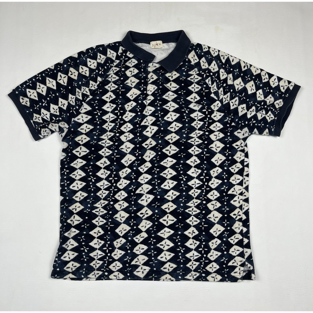 J.Crew Oarsman Terry Cloth Polo Shirt Mens Medium Navy Blue Geometric